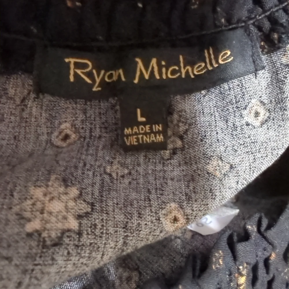 RYAN MICHELLE BLACK LONG FLORAL RUFFLE DRESS SHORT SLEEVE ELASTIC NECK LARGE NWT - Picture 2 of 8